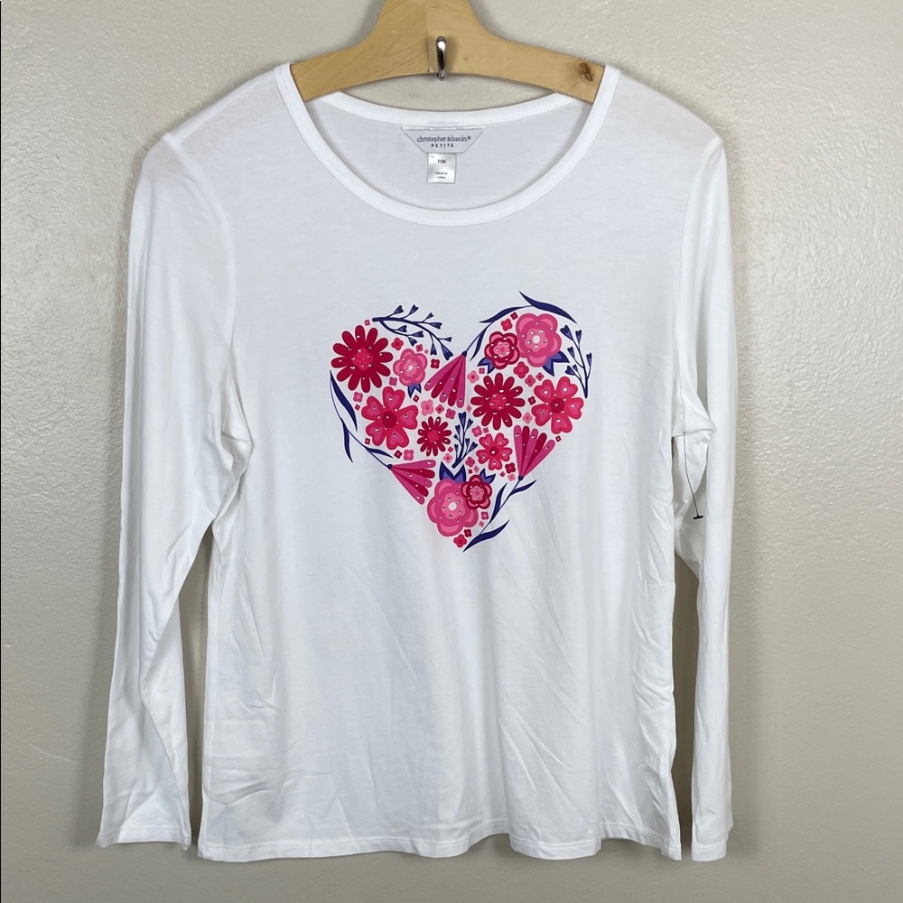 Christopher & Banks Petite Medium White Top with Pink Floral Heart. NWOT